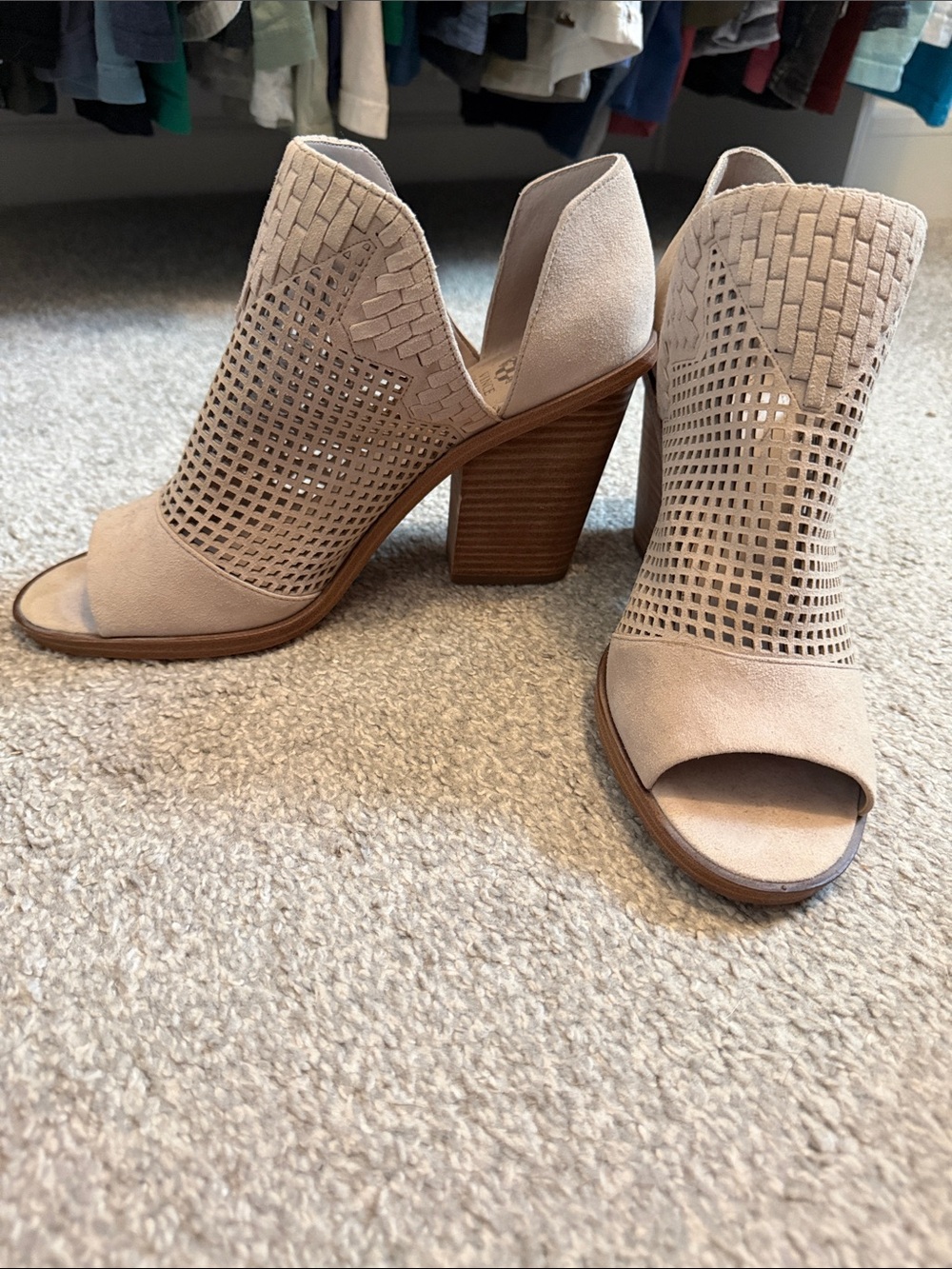Vince Camuto Women’s Open-Toe Cutout Block Heel Booties in Beige